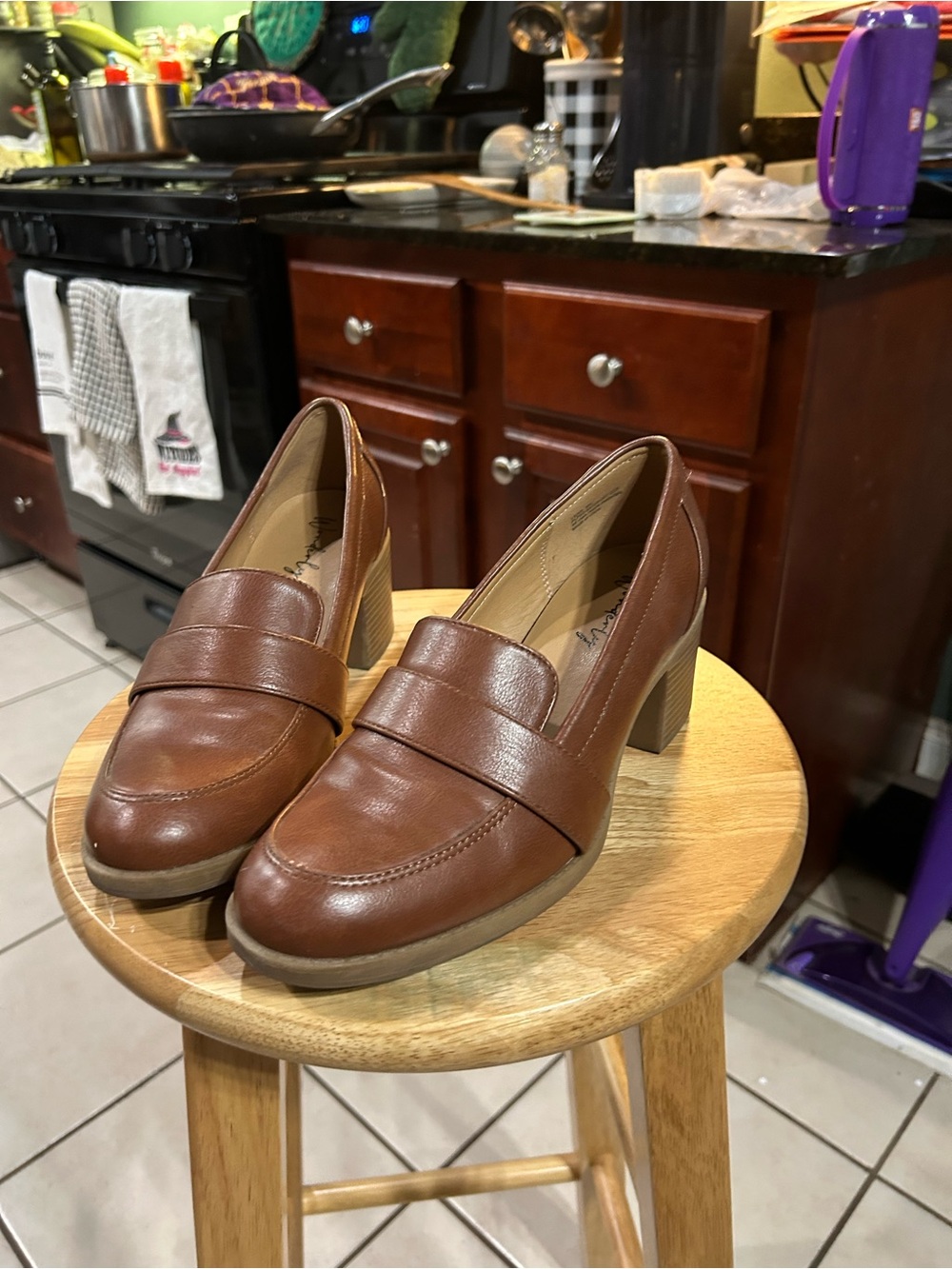 Wonderly Tan Leather Block Heel Loafers